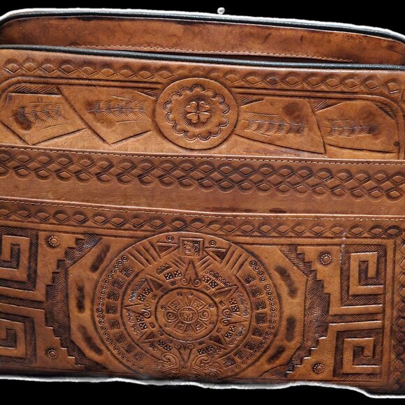 Vintage Hand Tooled Leather Shoulder Bag - Aztec Calendar & Eagle - Western - Picture 4 of 9
